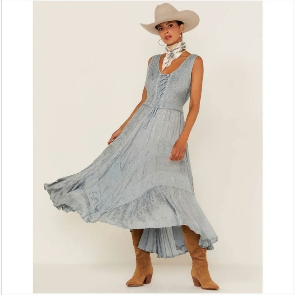 Scully Ash Grey Heavily Embroidered Peasant Tiered Dress SZ XL Cowgirl Chic